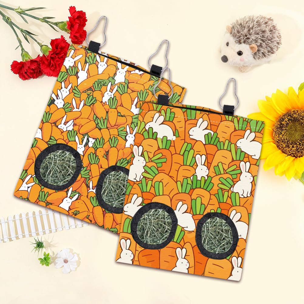 2 Pièces 2 Styles Sac De Foin pour Lapin Petit Sac Suspendu pour Animaux avec 2 Trous Motif Carotte Orange Tissu Lavable Rectangle pour Nourriture Stockage pour Cochons Dinde 12 x 9 Pouces