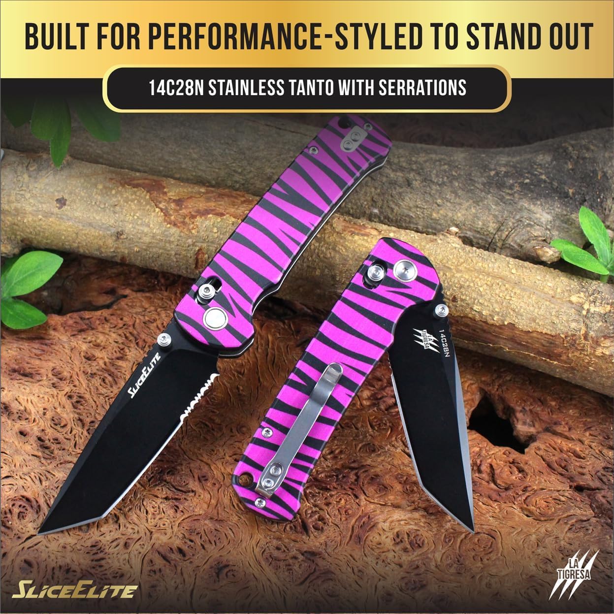 SliceElite La Tigresa EDC Pocket Knife 14C28N Stainless Tanto Serrated Blade Black Titanium PVD Finish Crossbar Lock Pink Tiger Stripe Aluminum Handle Folding Knife Outdoor Camping Hunting Survival