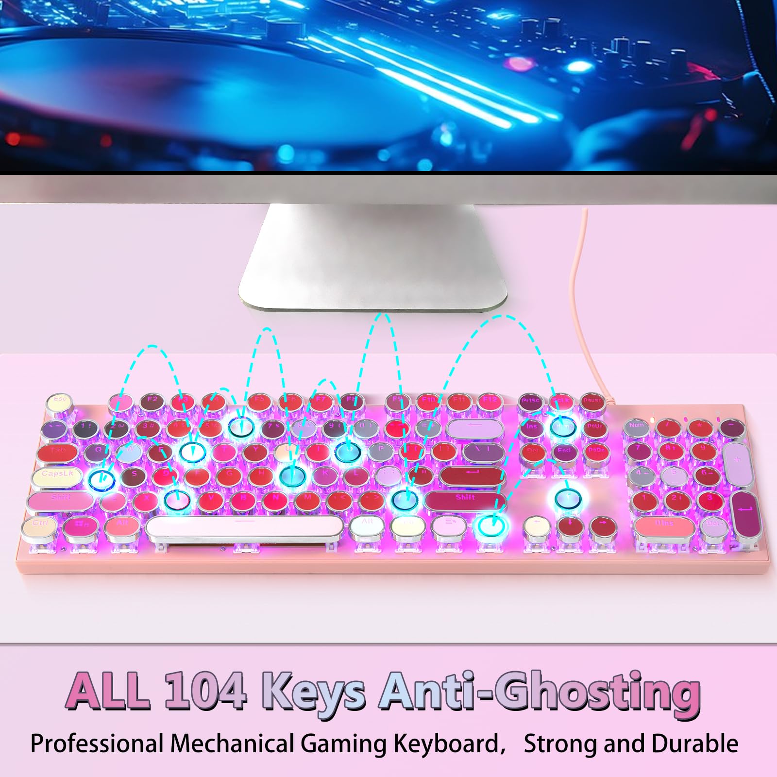 HUO JI - Teclado mecánico para juegos con luz lateral RGB y retroiluminada arcoíris, estilo retro, interruptores rojos, panel de metal, lápiz labial, 104 teclas para Mac, PC, lindo rosa