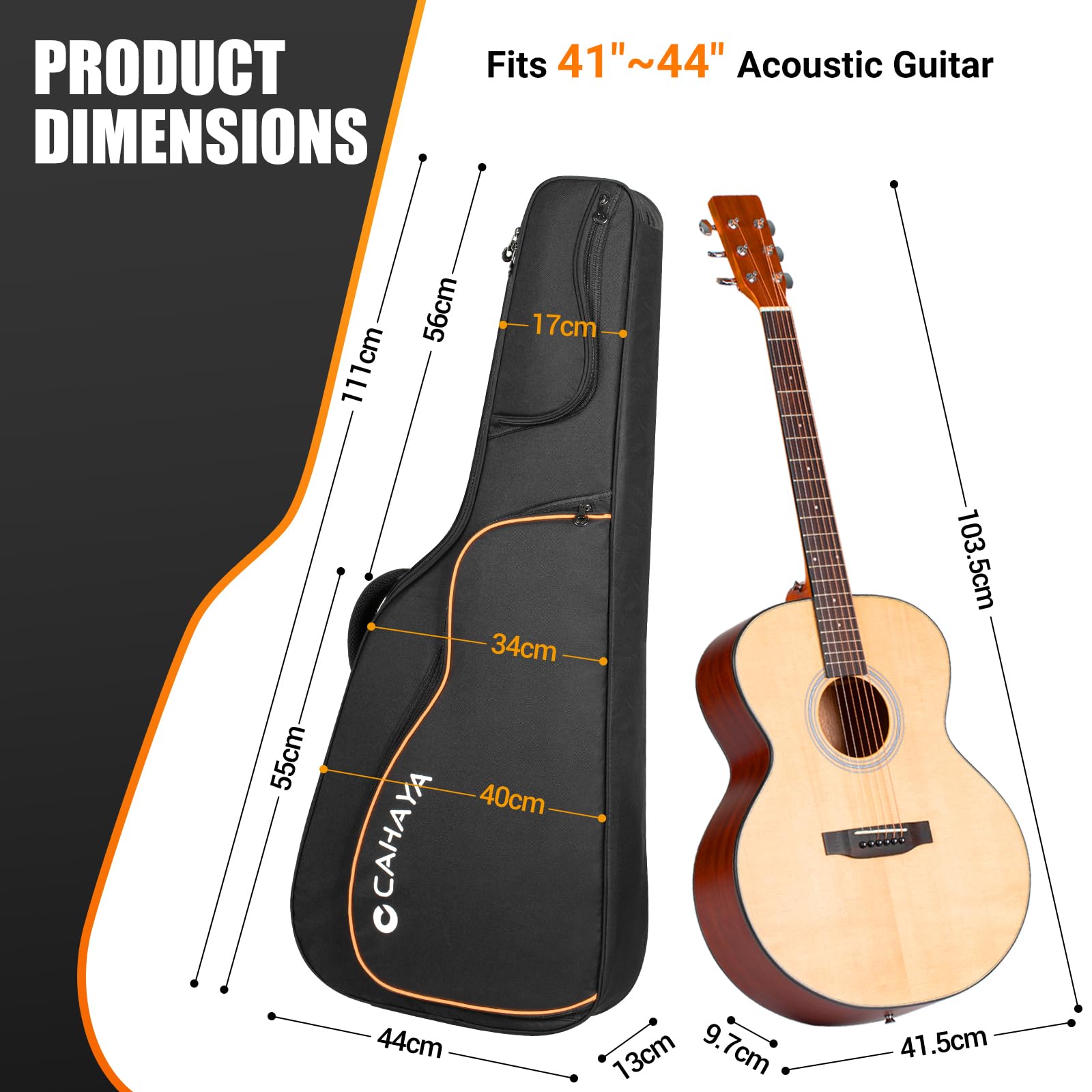 CAHAYA Borsa per Chitarra Acustica Imbottita di 12mm Custodia per Chitarra Acustica 41 42 43 44 Pollici CY0346