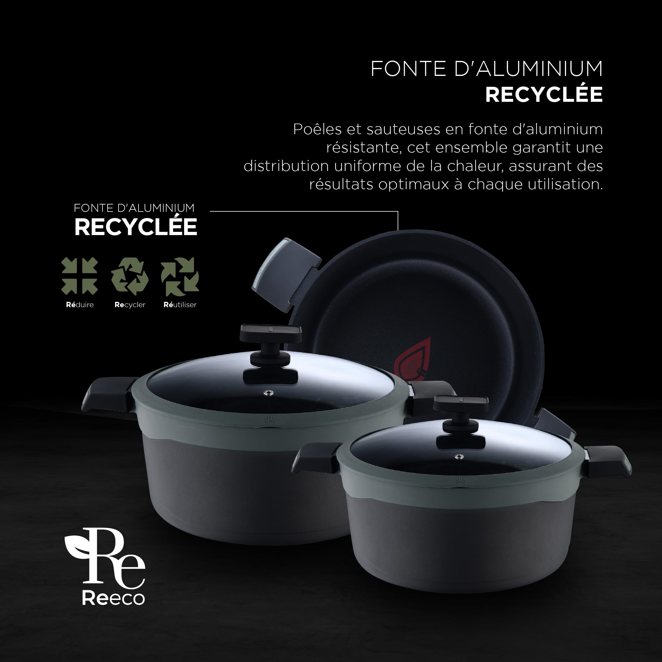 MasterPRO Gastro Reeco - Batterie de cuisine en fonte d'aluminium - 3 poêles 28, 24 et 20cm - 1 louche 16cm - 3 poêles 28, 24 et 20cm - 3 ustensiles de cuisine et 1 protège-poêle