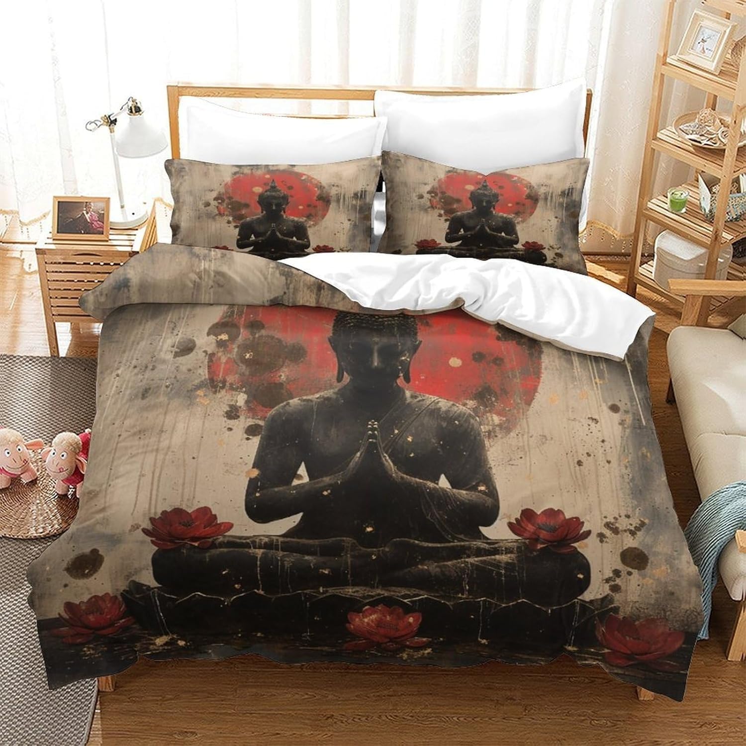 Japoński Lotos King Size zestawy pościeli Budda zestawy pościeli King Size mikrofibra dwustronna pościel z zapięciem na zamek błyskawiczny wzór 3D poszewka na kołdrę i 2 poszewki na poduszki 50 x 75