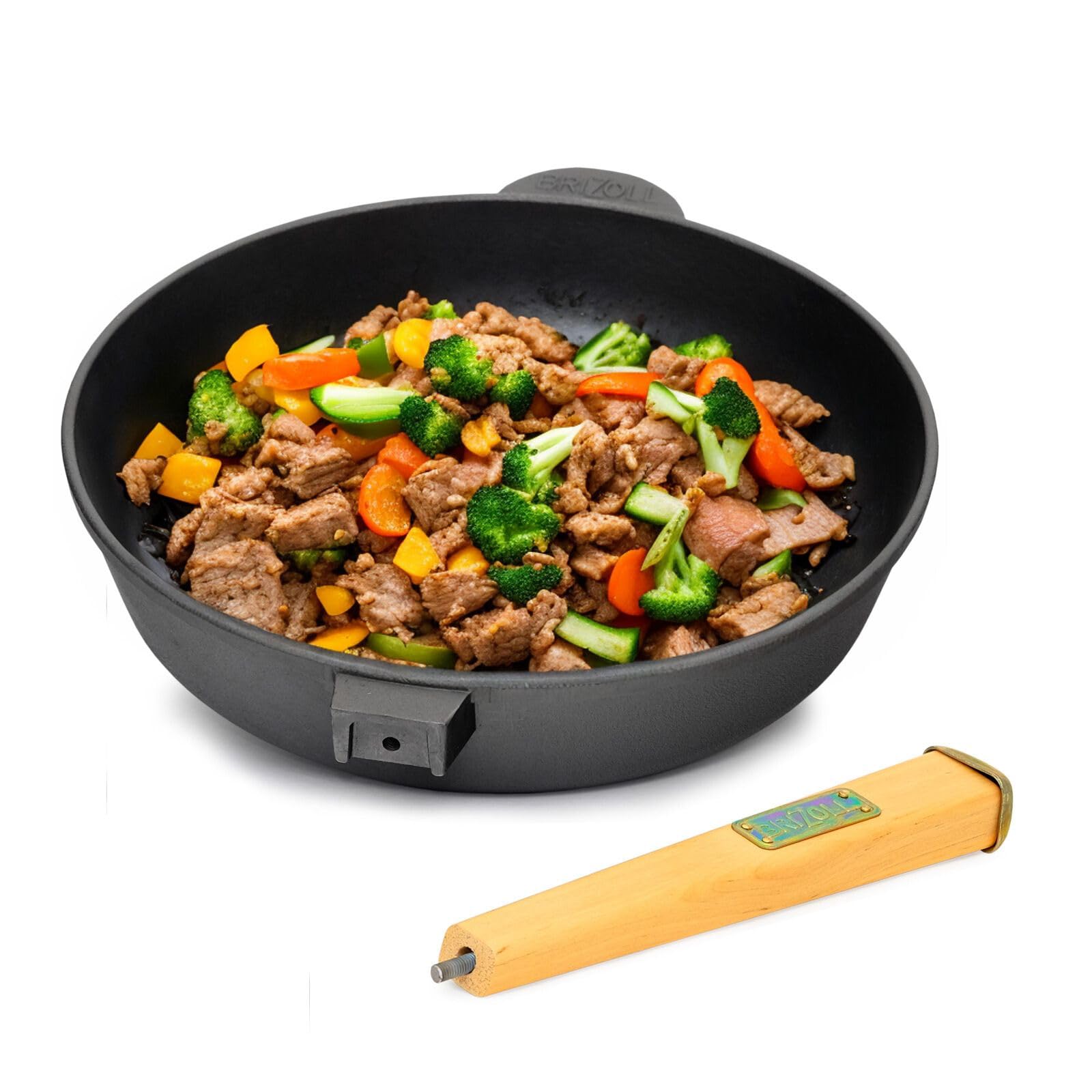 8L Touristenkessel Deckel Ø28 cm Pfanne Gusseisen Gusseisenpfanne Schwenktopf Kessel - Campingtopf Küchenhelfer Bambus Set