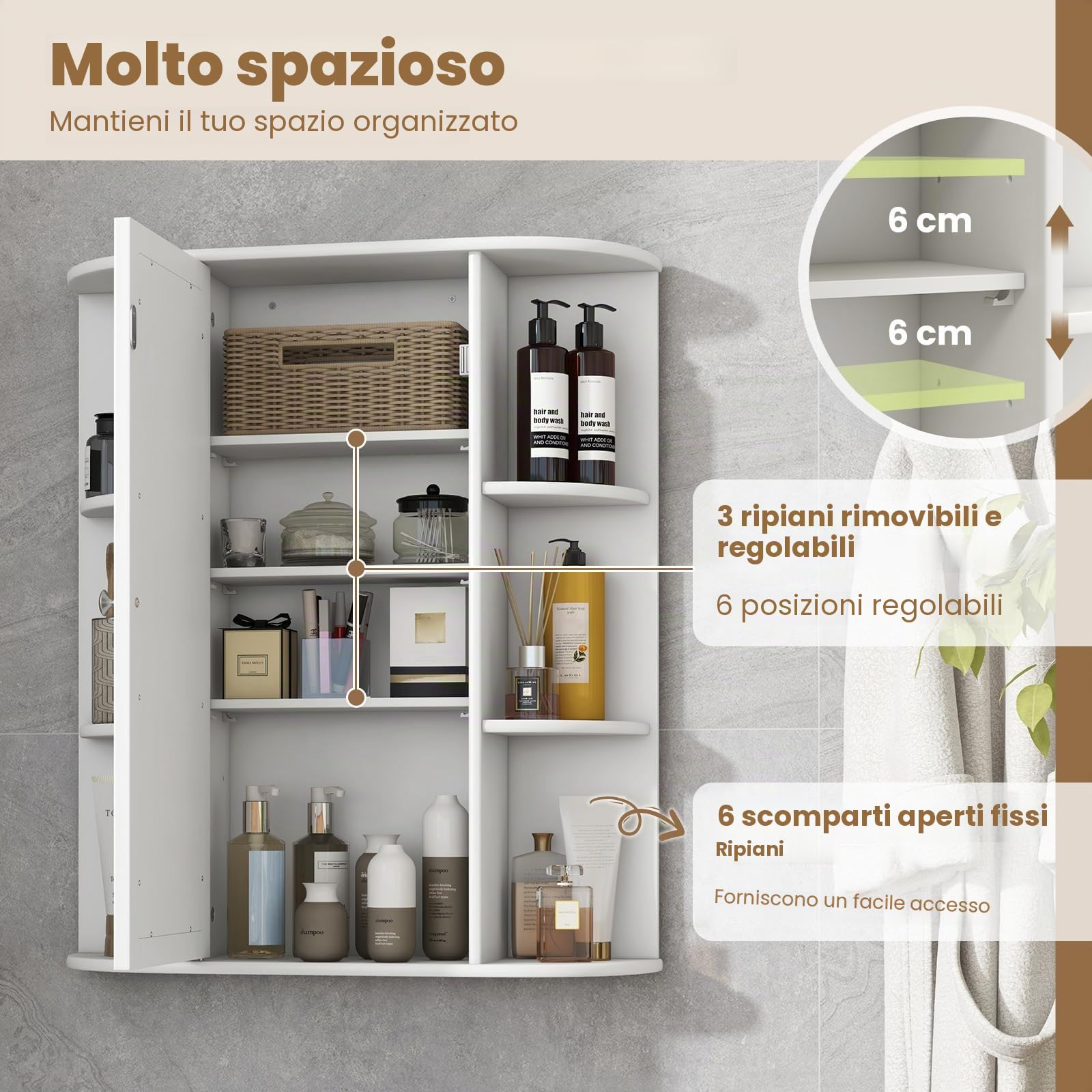 GIANTEX Armadietto Bagno a Parete, Mobiletto Pensile con Ante di Specchio, 6 Scomparti Laterali, 2 Colori Disponibili, 60x16,5x70 cm