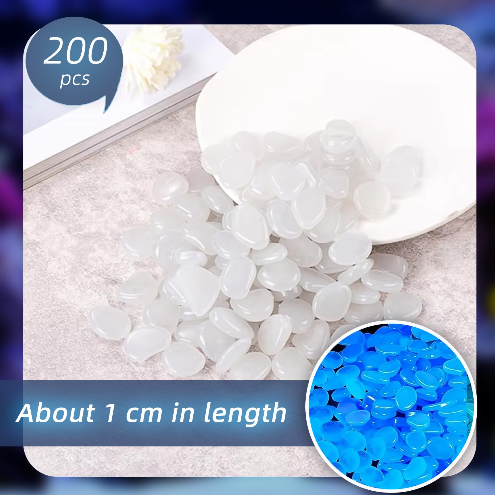 200 Pièces Lumineuses blanches Galets,Lumineux Galets de Jardin et Cailloux Decoratif,Galets Phosphorescents Blancs Phosphorescents,pour la Décoration Extérieure,Terrasse,Pelouse,Aquariums (1cm)