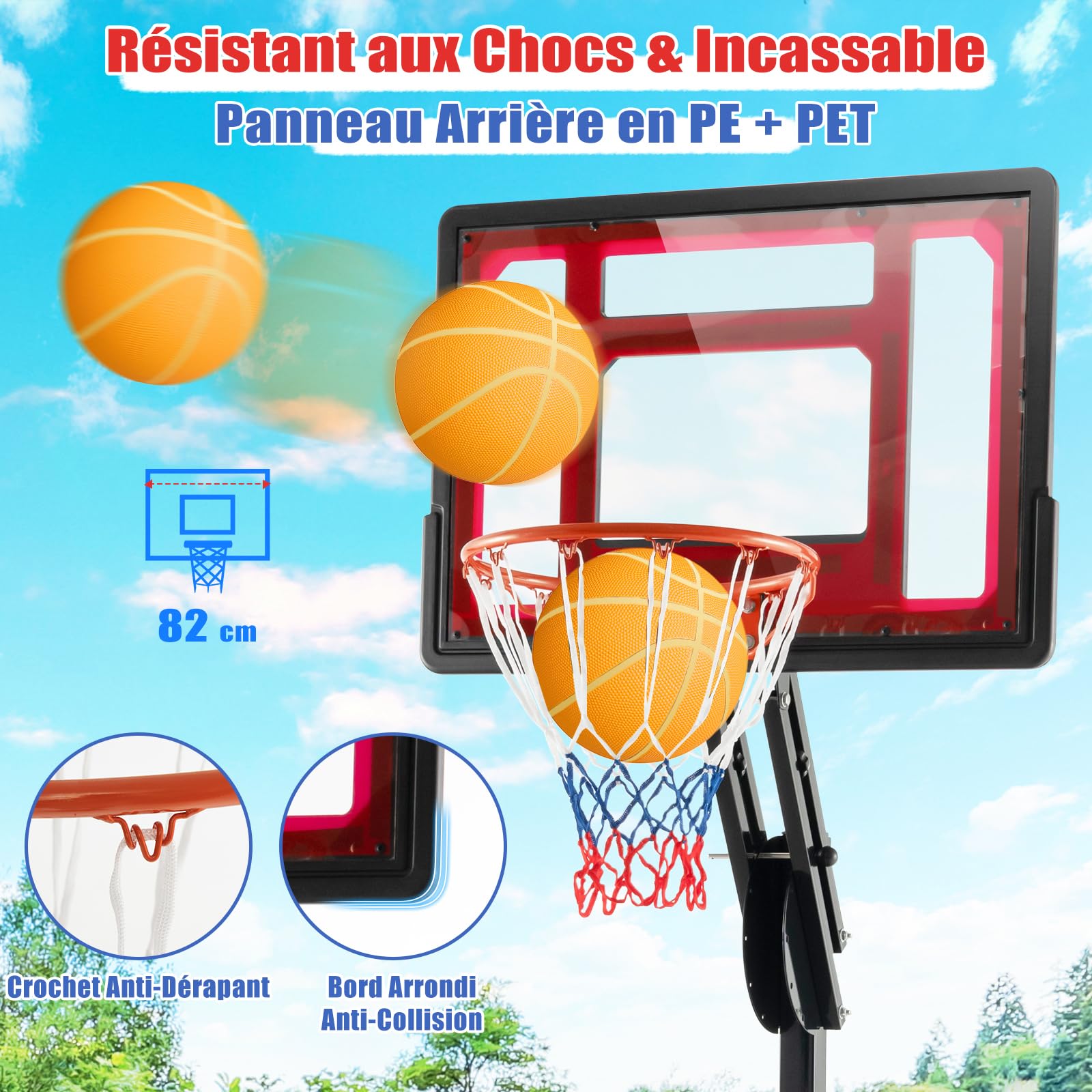 COSTWAY Panier de Basketball sur Pieds Hauteur Réglable de 1,55 à 3,1 m, Support de Basketball Portable avec Panneau Arrière en Pet Basket-Ball et Pompe, Intérieure Extérieure pour Enfants/Jaunes