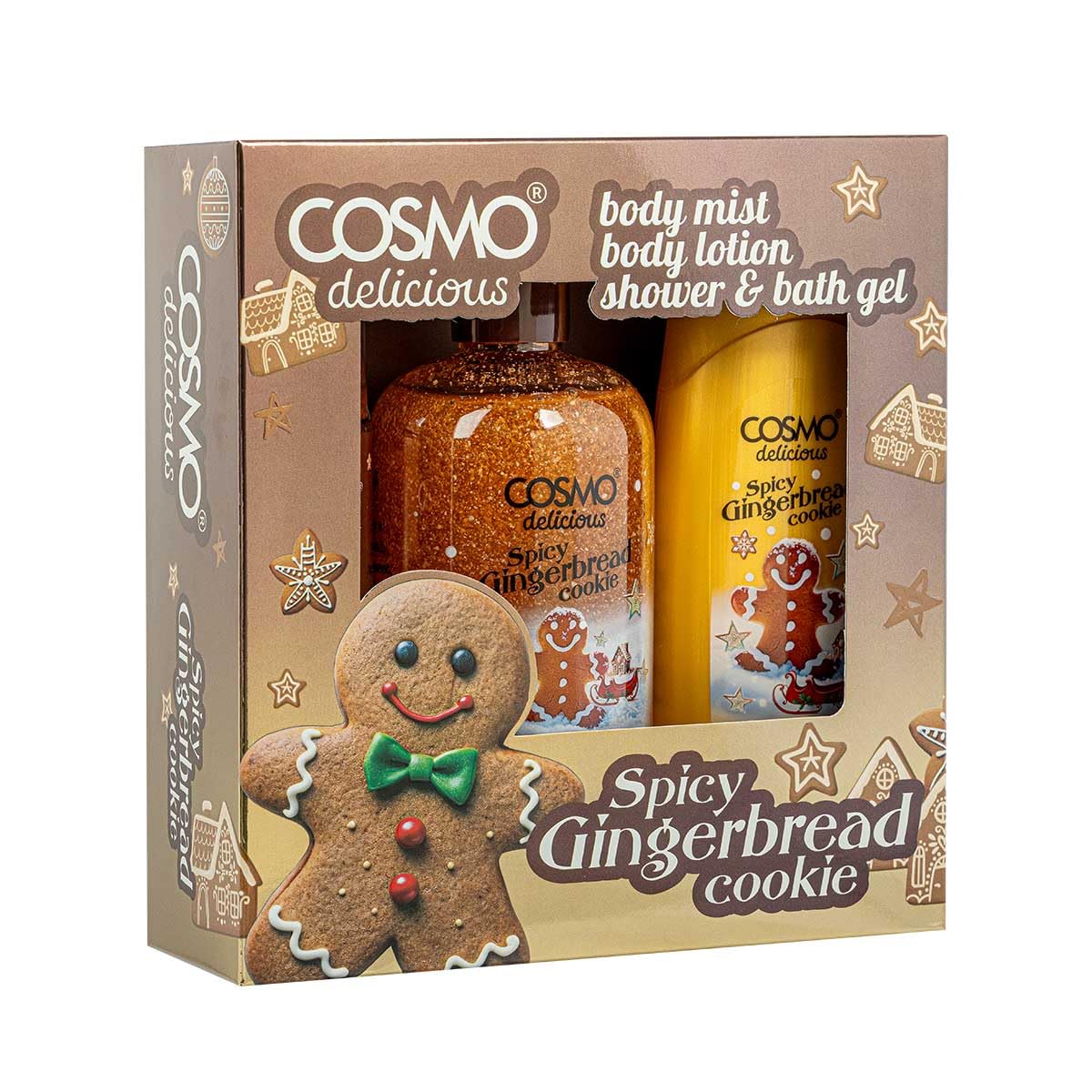 Cosmo Skin Care Delicious Spicy Gingerbread Cookie 3 Pieces Gift Set For Women & Men, 150ml Fragrance Mist, 350ml Aloe Vera Shower Gel, 200ml Shea Butter Body Lotion, Festive Warm For Hydrated Skin