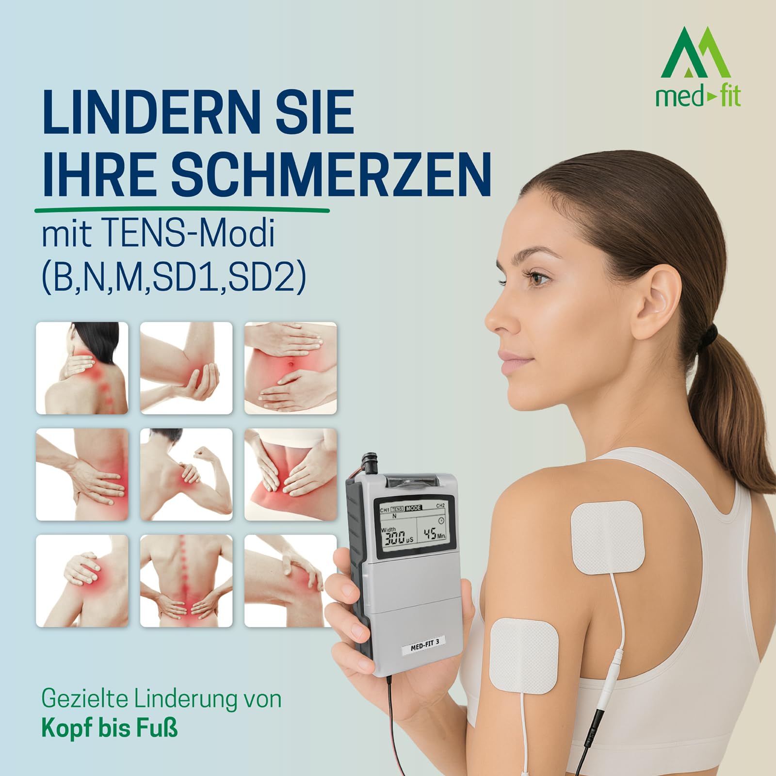 Med-Fit 3 TENS Gerät Schmerztherapie & EMS Muskelstimulator 2 Kanal - Medizinprodukt Klasse IIa Reizstromgerät für Rückenschmerzen, Ischias, Arthrose, Nacken, Schulter & Muskelaufbau