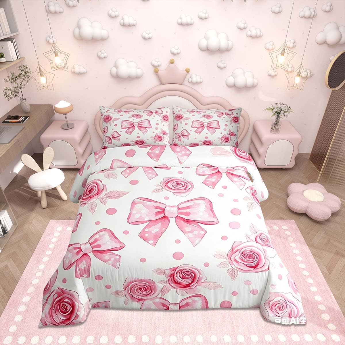 Homemissing Romantic Bowknot Duvet Cover Set Cot Size For Kids Boys Girls Pink Bow Bedding Set Rose Floral Flower Duvet Cover with 1 Pillowcase Bowknot Flower Bedding — image 1
