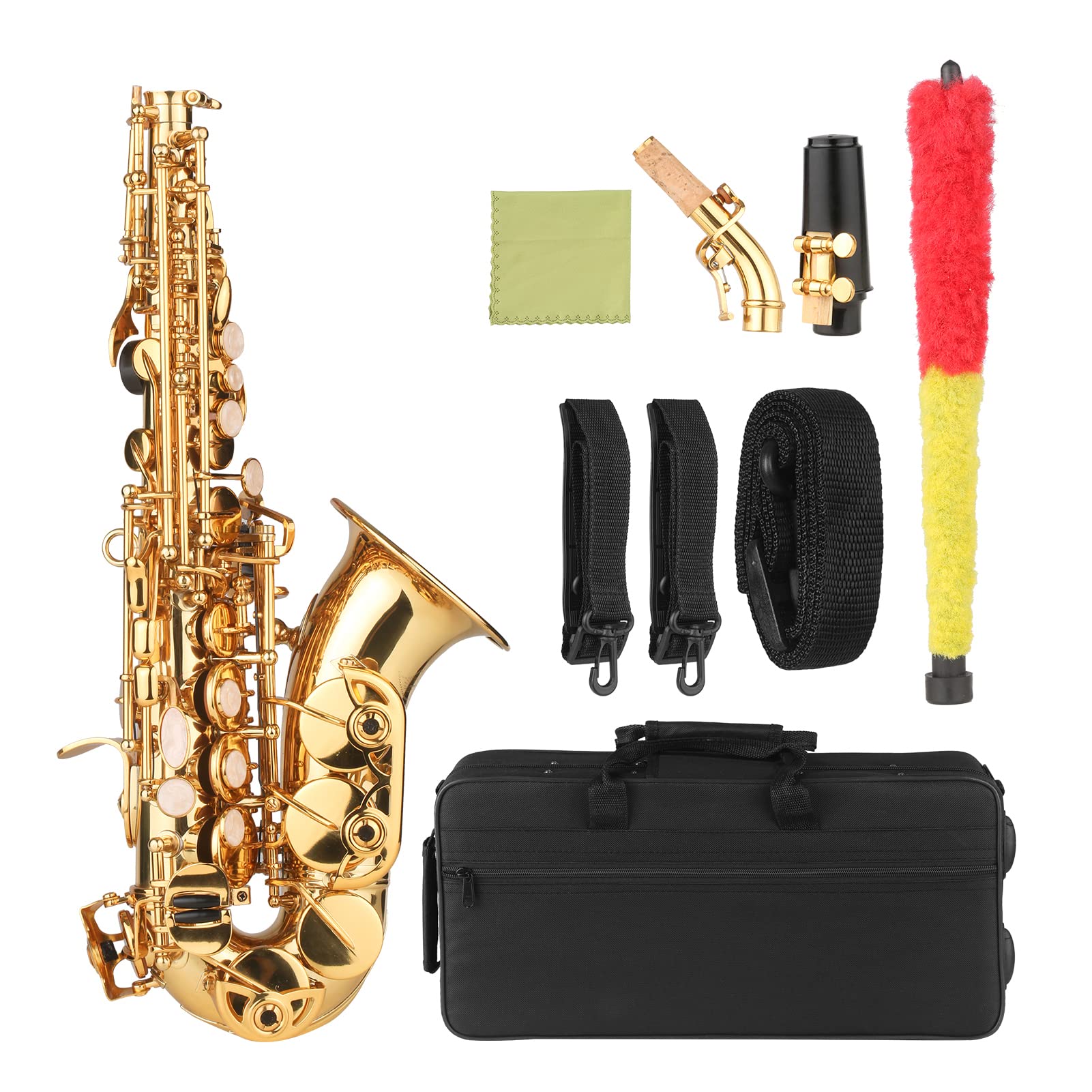 Sassofono soprano in ottone laccato oro con custodia, bocchino, tracolla, panno di pulizia e spazzola per musicisti e principianti, set completo per imparare