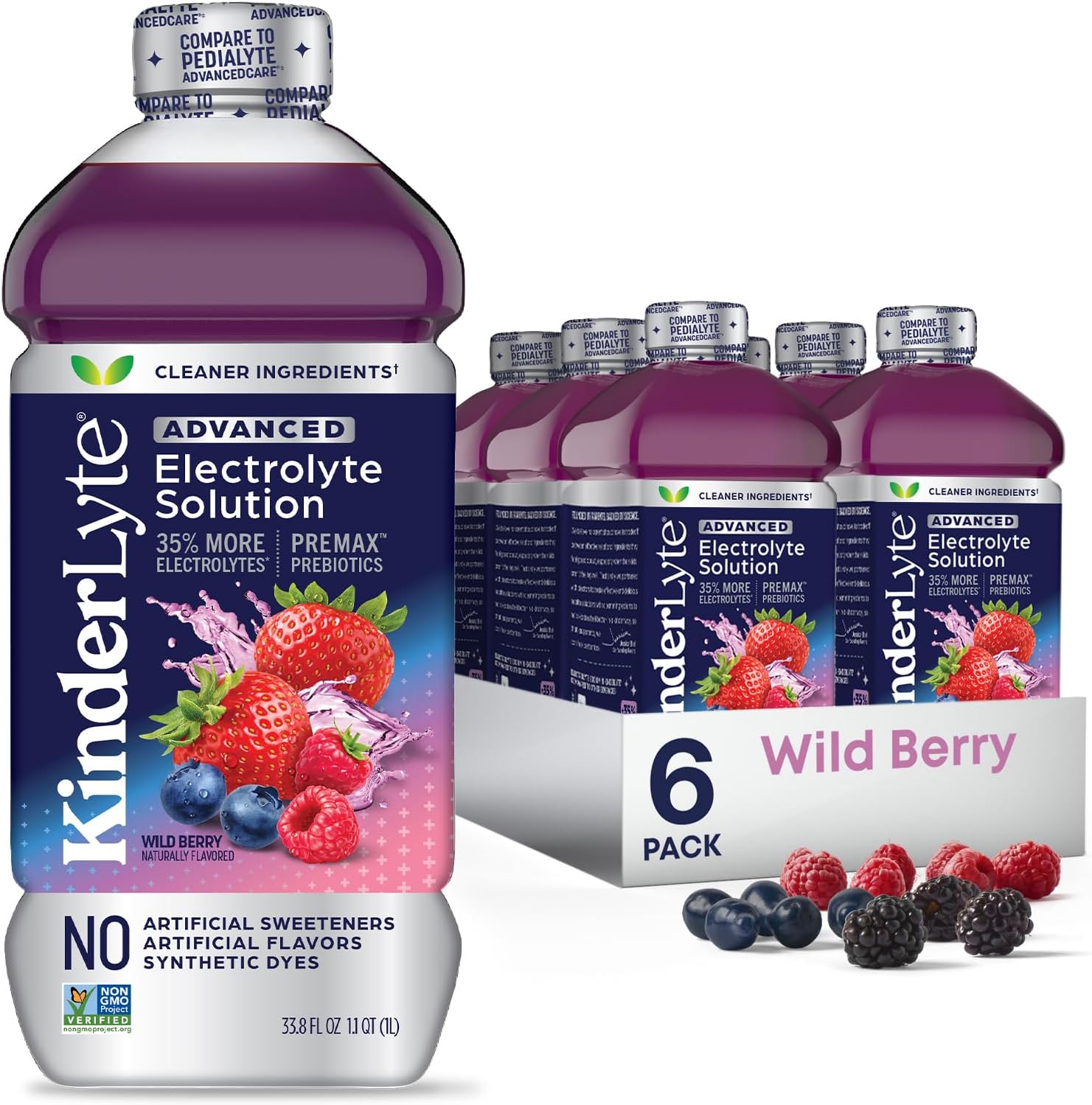 Kinderlyte Advanced Electrolyte Solution, 2X Faster Hydration vs. Water Alone, No Artificial Sweeteners or Flavors, No Synthetic Dyes, Raspberry Lemonade, for Kids and Adults, 33.8 fl oz (Pack of 6)
