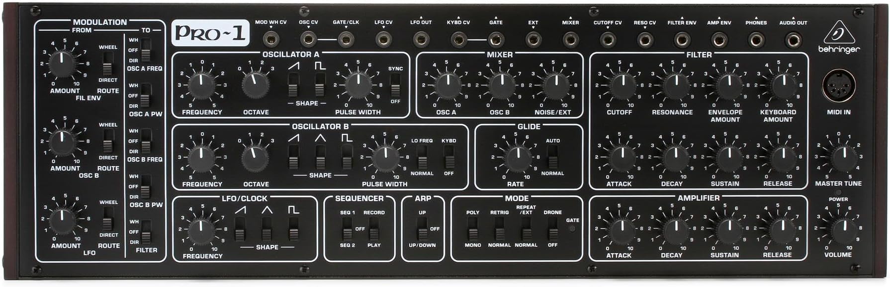 Behringer PRO-1 Analog Synthesizer with Dual VCOs, 3 Simultaneous Waveforms, 4-Pole VCF, Extensive Modulation Matrix, 16-Voice Poly Chain and Eurorack Format
