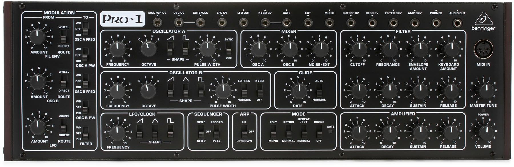 BehringerPRO-1 Analog Synthesizer with Dual VCOs, 3 Simultaneous Waveforms, 4-Pole VCF, Extensive Modulation Matrix, 16-Voice Poly Chain and Eurorack Format