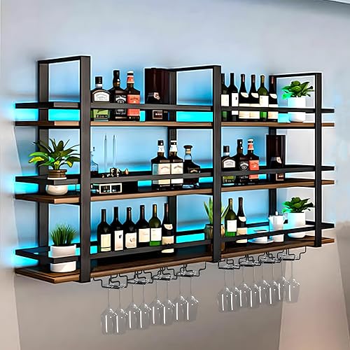 Miniatura 3 de Estante para vino montado en la pared con luces LED, estantes flotantes de 3 niveles de licor de metal, con estante para copas de vino, estante de