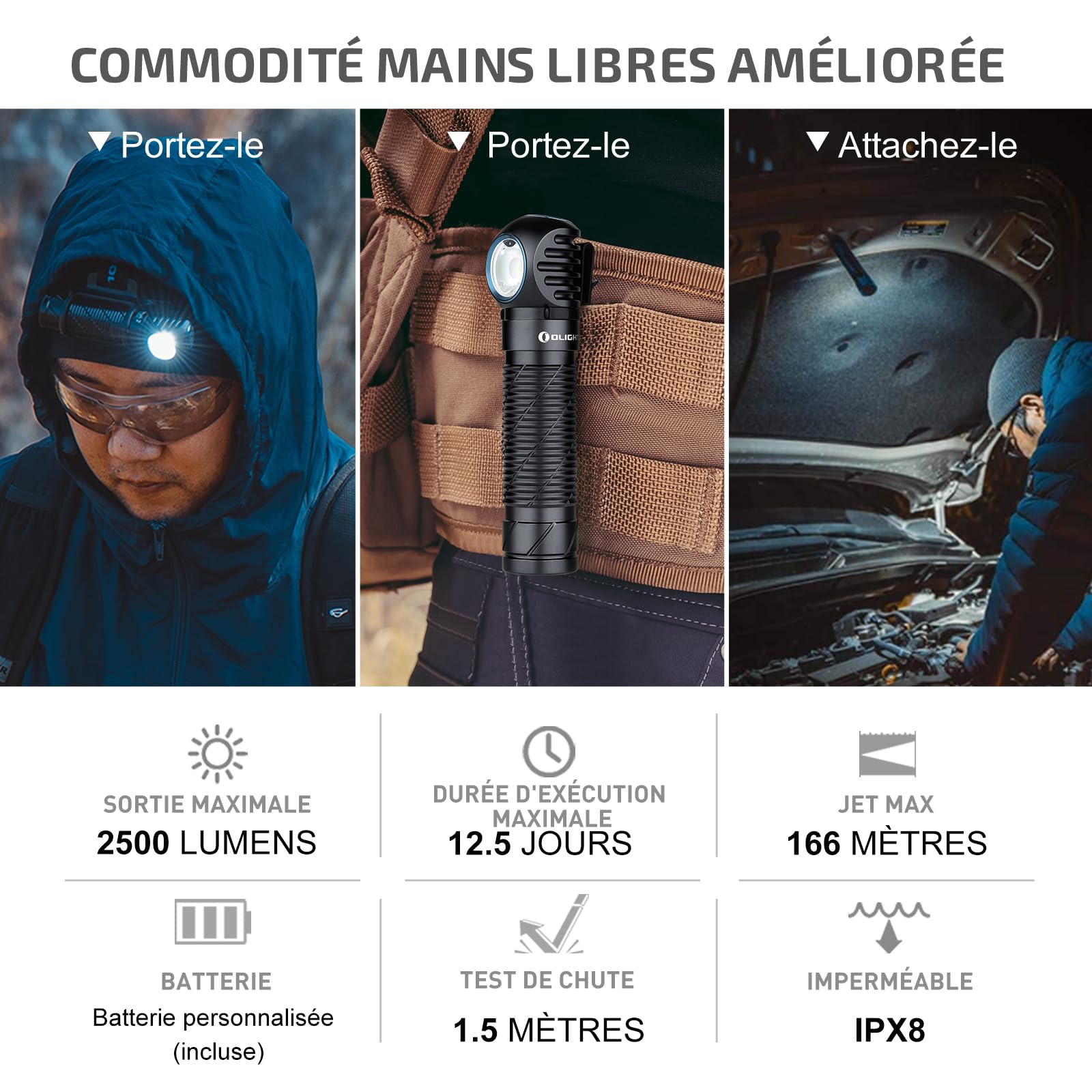 OLIGHT Perun 2 Lampe Frontale 2500 Lumen Super, 12 Jours Max, IPX8 Étanche | Puissante Torche Frontale Rechargeable Portée 166 Mètre Blanc&Rouge réglable Flashlight pour Running, Pêche, Camping(Noir)