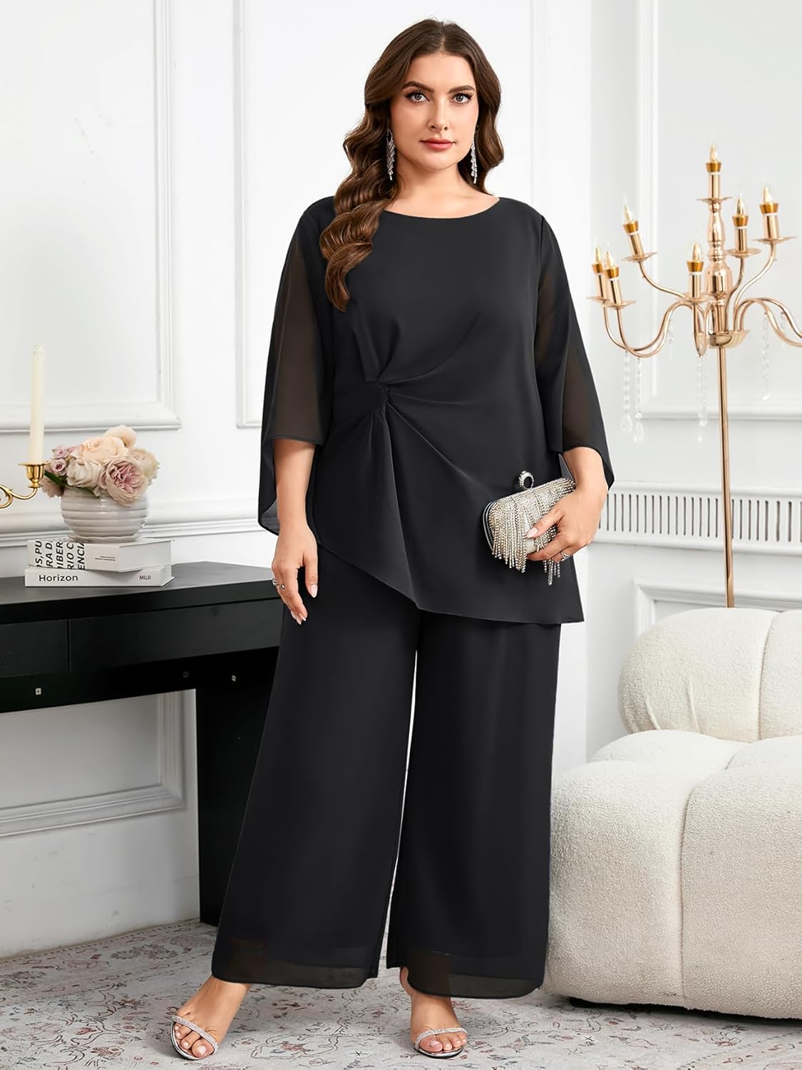 CYCLAMEN Plus Size Mother of Bride Pant Suits 2 Piece Chiffon Sets Asymmetric Wedding Guest Outfit - Image 3