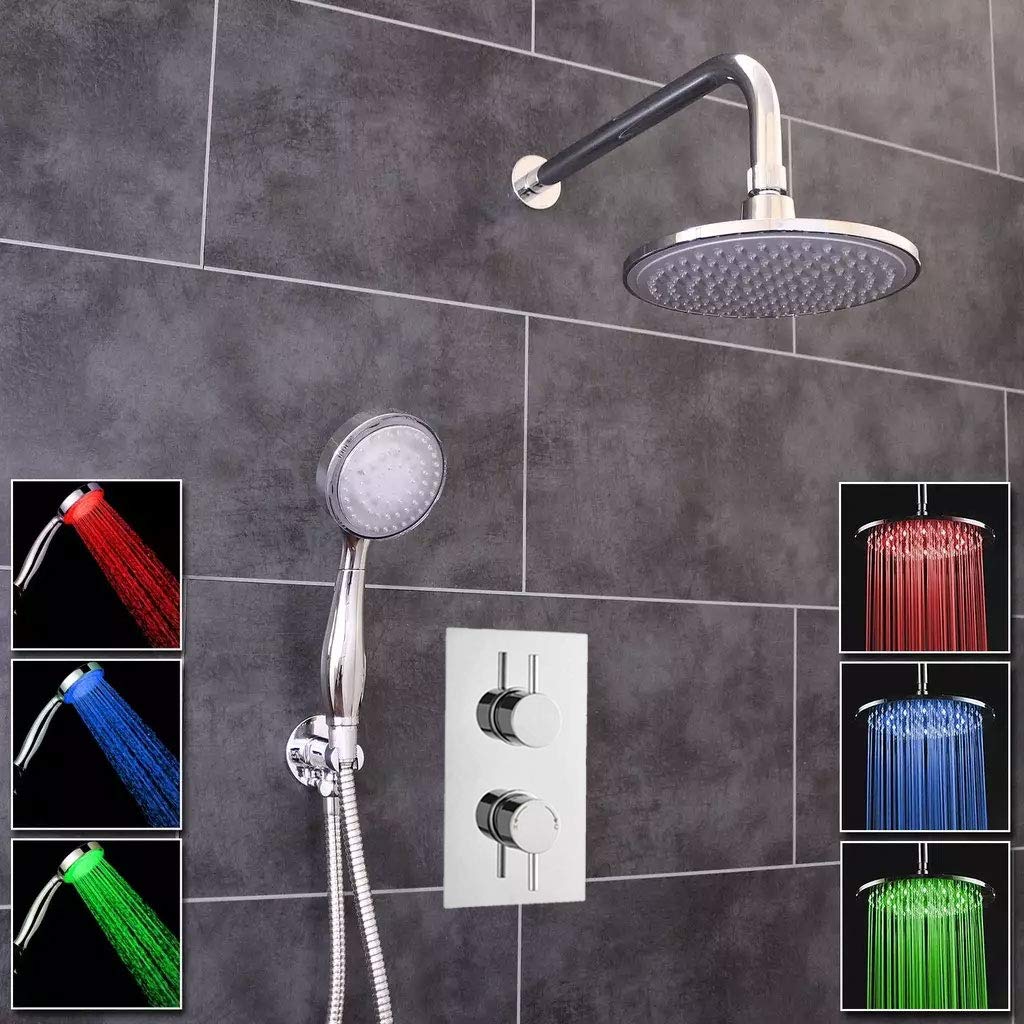 Ecospa Concealed Twin Thermostatic Shower Mixer Valve In Chrome With 2 Outlets, 2 Round Handles And Full Led Experience With Round Led Overhead And Handset, Anti-Scalding Safety Feature, Wras Approved
