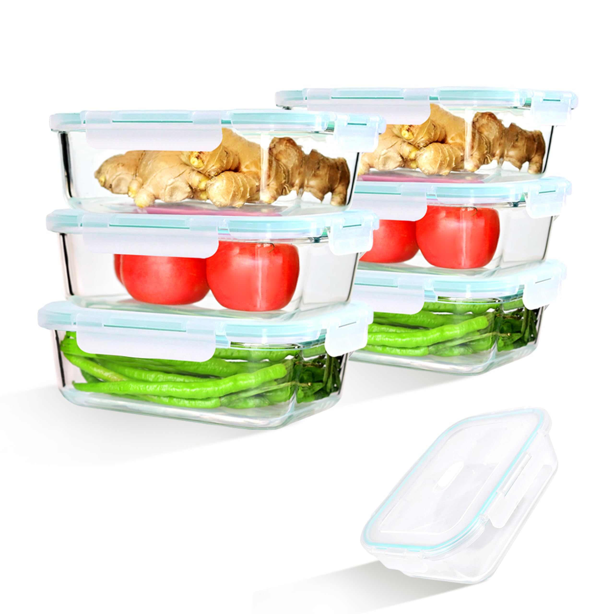 LNWSN Frischhaltedosen Glas mit Deckel 6er, 1520ml Hochtransparente Borosilikatglas Meal Prep Boxen Glas, Hohes Volumen Versiegelter Glasbehälter mit Deckel, Food Container für Profiköche und Bäcker