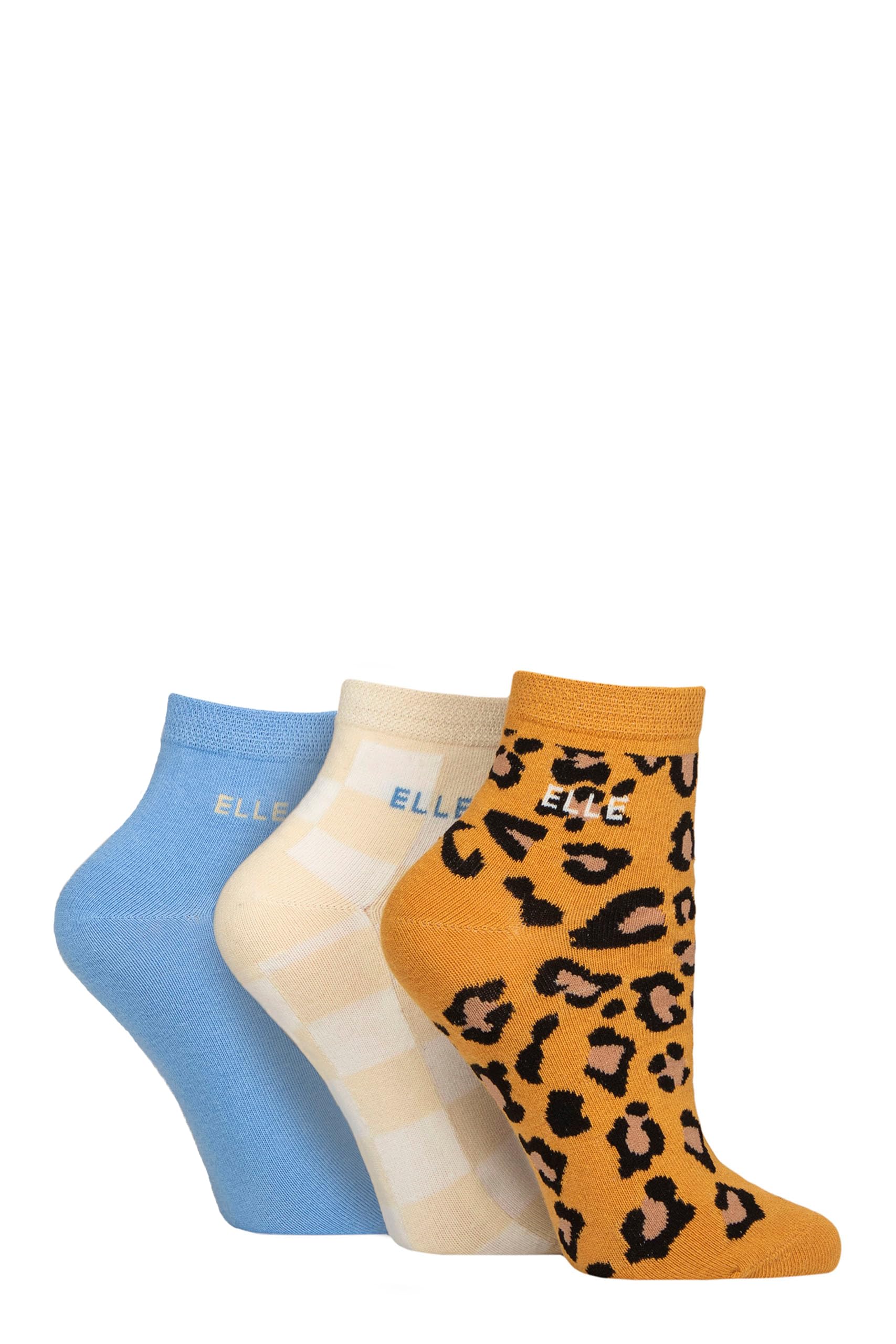 ELLE Ladies Cotton Anklet Socks - Soft, Short, Plain, Striped & Patterned with Hand Linked Toes Multipack of 3 Size 4-8 (UK, Numeric, 4, 8, Regular, Regular, Leopard Noir Patterned)