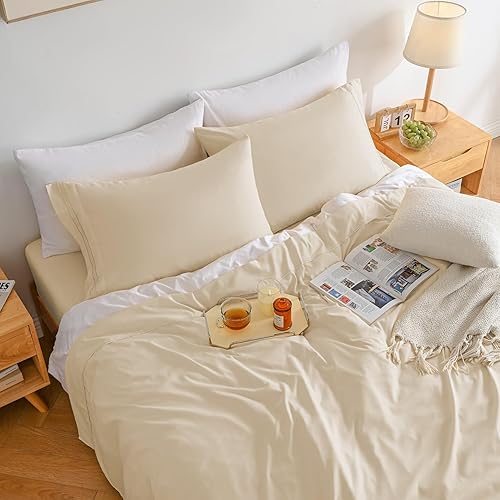 Miniatura 2 de Juego de sábanas de tamaño matrimonial color beige, juego de sábanas bajeras y fundas de almohada de bolsillo profundo, 4 piezas de microfibra suave