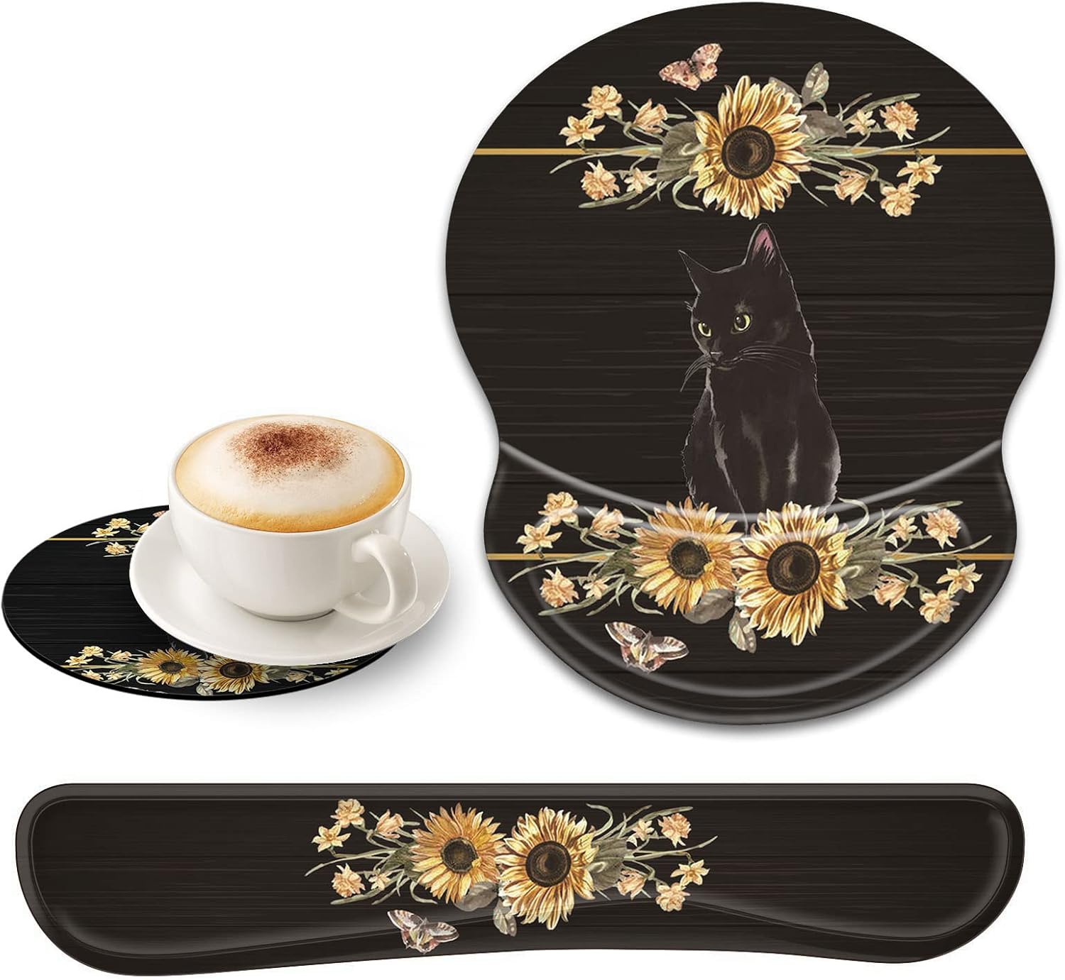 Bxgolkgd Ergonomic Gel Mouse Wrist Rest Pad and Keyboard Pad Set,Anti-Slip PU Bottom Easy Typing and Relieve Wrist Pain with Cute Coaster Set (3-Flower Highland Cow)
