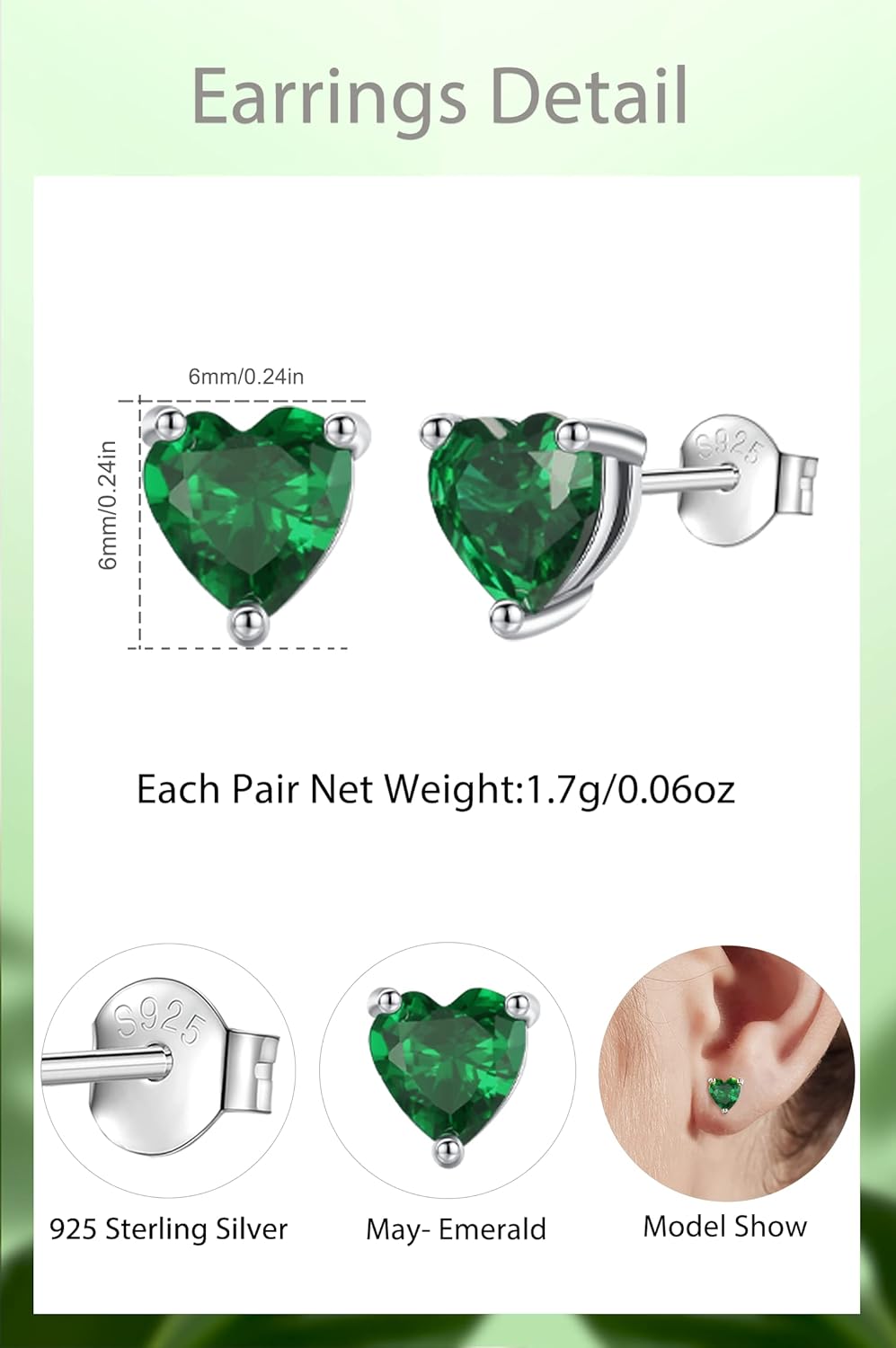 Vito Valentine's Day Earrings Gift, 925 Sterling Silver Birthstone Stud Earrings for Women, Heart Cubic Zirconia Hypoallergenic Ear Studs Jewelry Birthday Gift for Mom Wife Daughter Grandma - Image 3