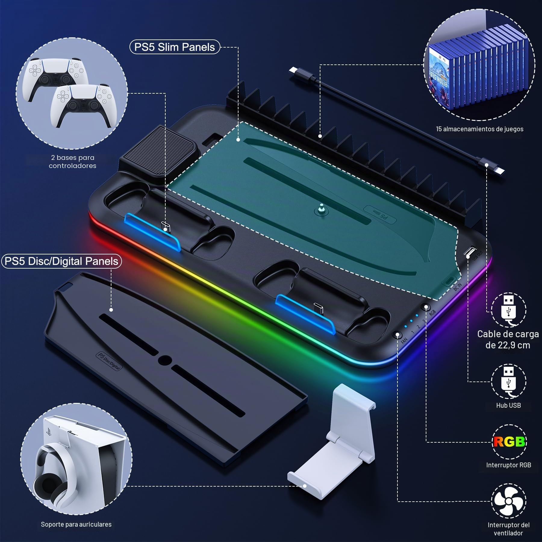 HELLCOOL Soporte para PS5/PS5 Slim,Soporte con Ventilador Refrigeración/Luces RGB/Mandos de Recarga Doble/Gancho para Auriculares/15 Ranuras de Juego, Base para PlayStation 5 Disco/Digital Edición