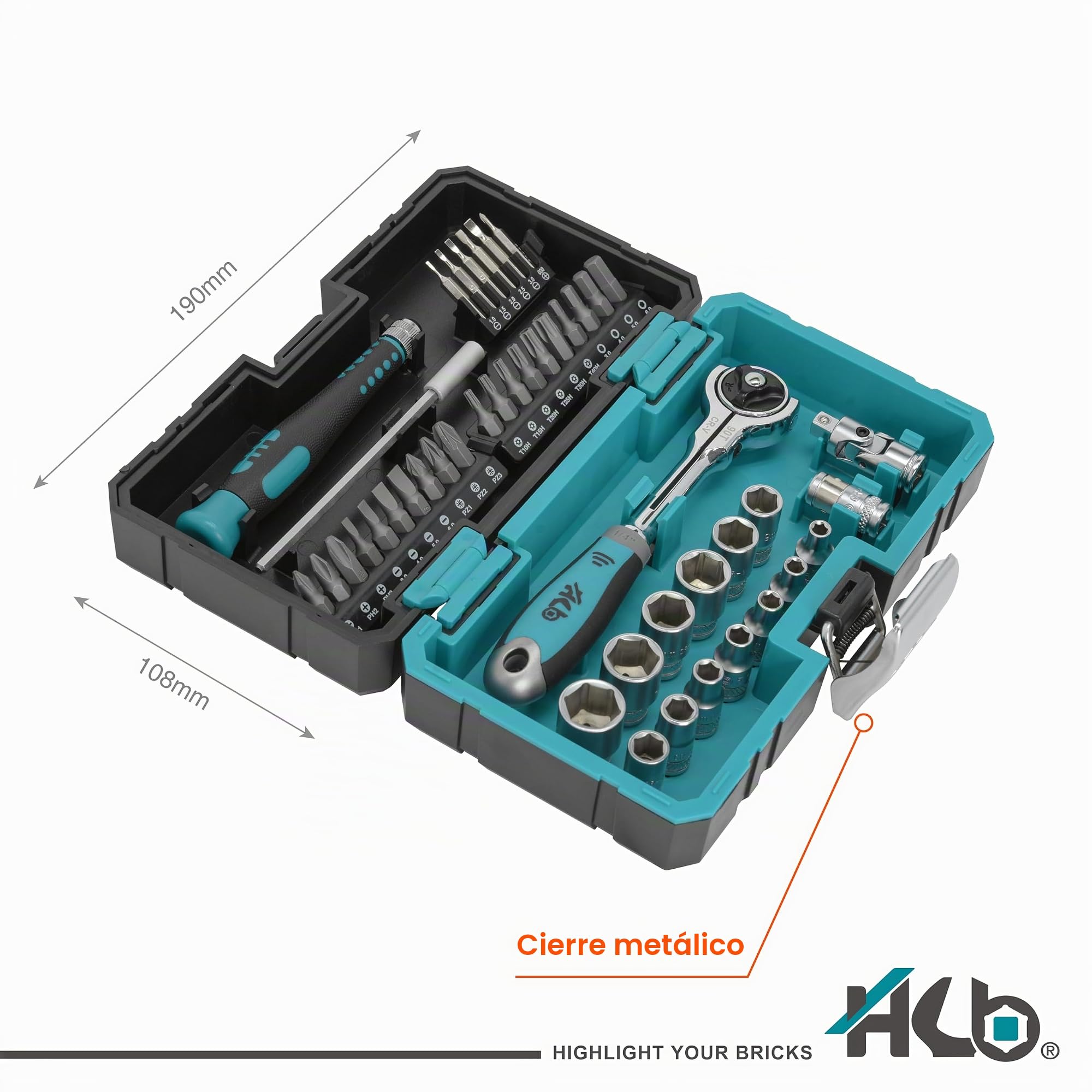 HB AKM024-G Juego Carraca Cabeza Giratoria 90 Dientes 44 Piezas 1/4" CR-V & S2 | Llaves de Vaso y Bits Profesionales Mecánico Automoción Taller Bricolaje | Maletín Portátil – Hecho en Taiwán