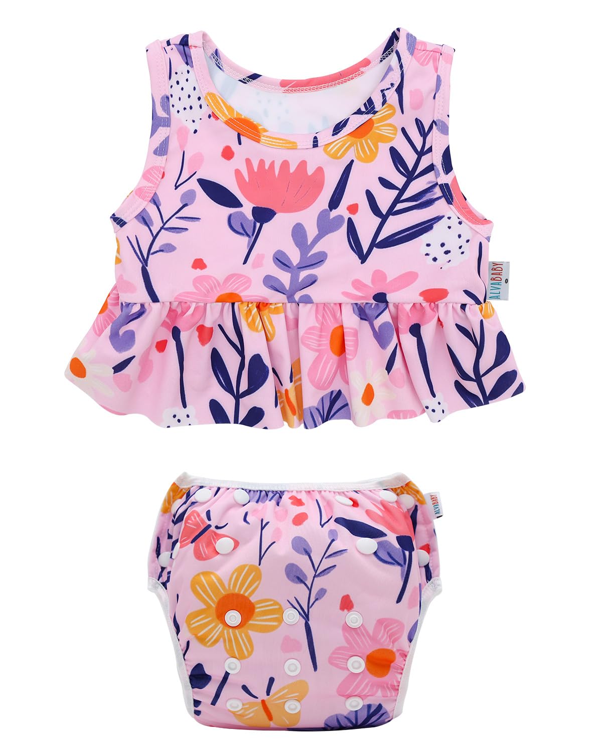 ALVABABY Baby Girl Swimsuit Two Piece Toddler Infant Bathing Sleeveless Bikini Swimwear Reusable Swim Diaper