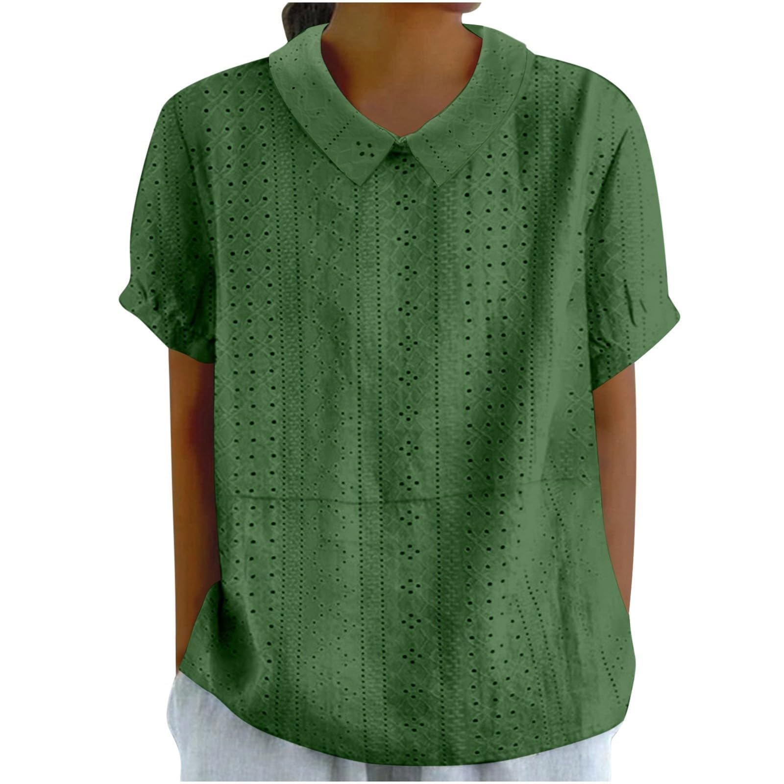 Button Down Shirts for Women Short Sleeve Shirts Summer Loose Crew Neck Casual Boho Top Vintage Cotton Shirts
