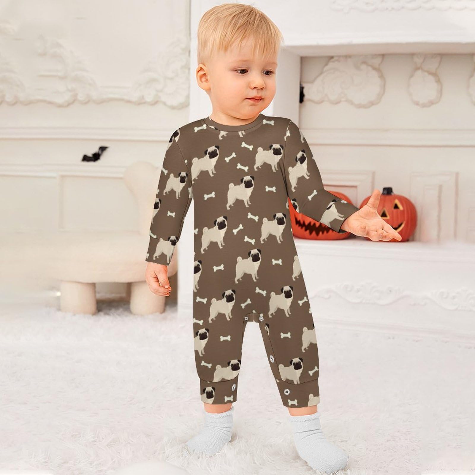 Amazon.co.jp: ベビー服 パグ 犬 パグ柄 かわいい 骨 ロンパース 長袖 