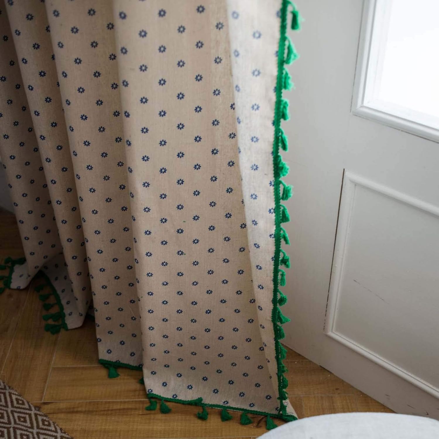 Boho Floral Print Cotton Linen Window Curtain Panel with Green Tassels Farmhouse Country Style Room Darkening Curtain Drapes, 1 Piece (Blue Daisy, W59 x L63, 1 Panel)