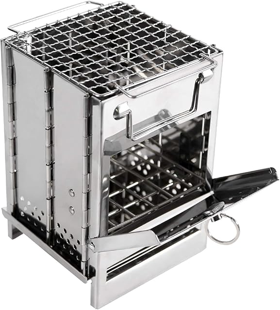 REDCAMP Camping Wood Burning Stove, Stainless Steel Compact Portable Foldable Mini Multi Fuel Camp Stove with Storage Bag, Perfect for Backpacking Hiking Travelling Outdoor Cooking Picnic BBQ
