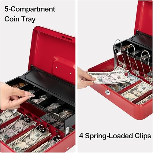 Miniatura 5 de Jssmst Caja de Efectivo con Bandeja de Dinero y Cerradura - Caja de Efectivo Roja con Cerradura de Llave, Caja de Dinero Segura Grande, Cajón de