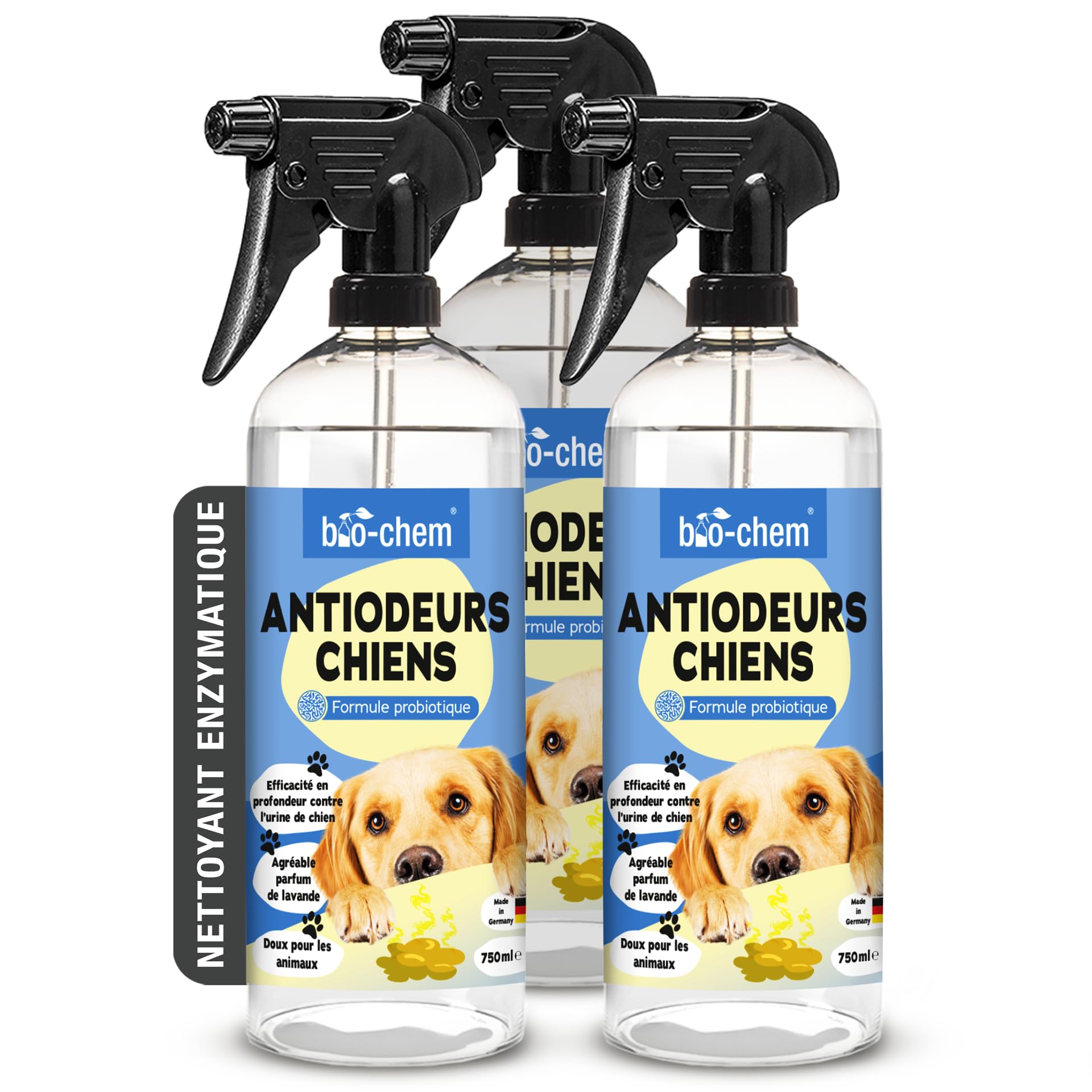 bio-chem Nettoyant anti odeur chiens 3 x 750 ml | Désodorisant destructeur d odeur urine chien- Nettoyage litiere pour chien - produit menager entretien maison