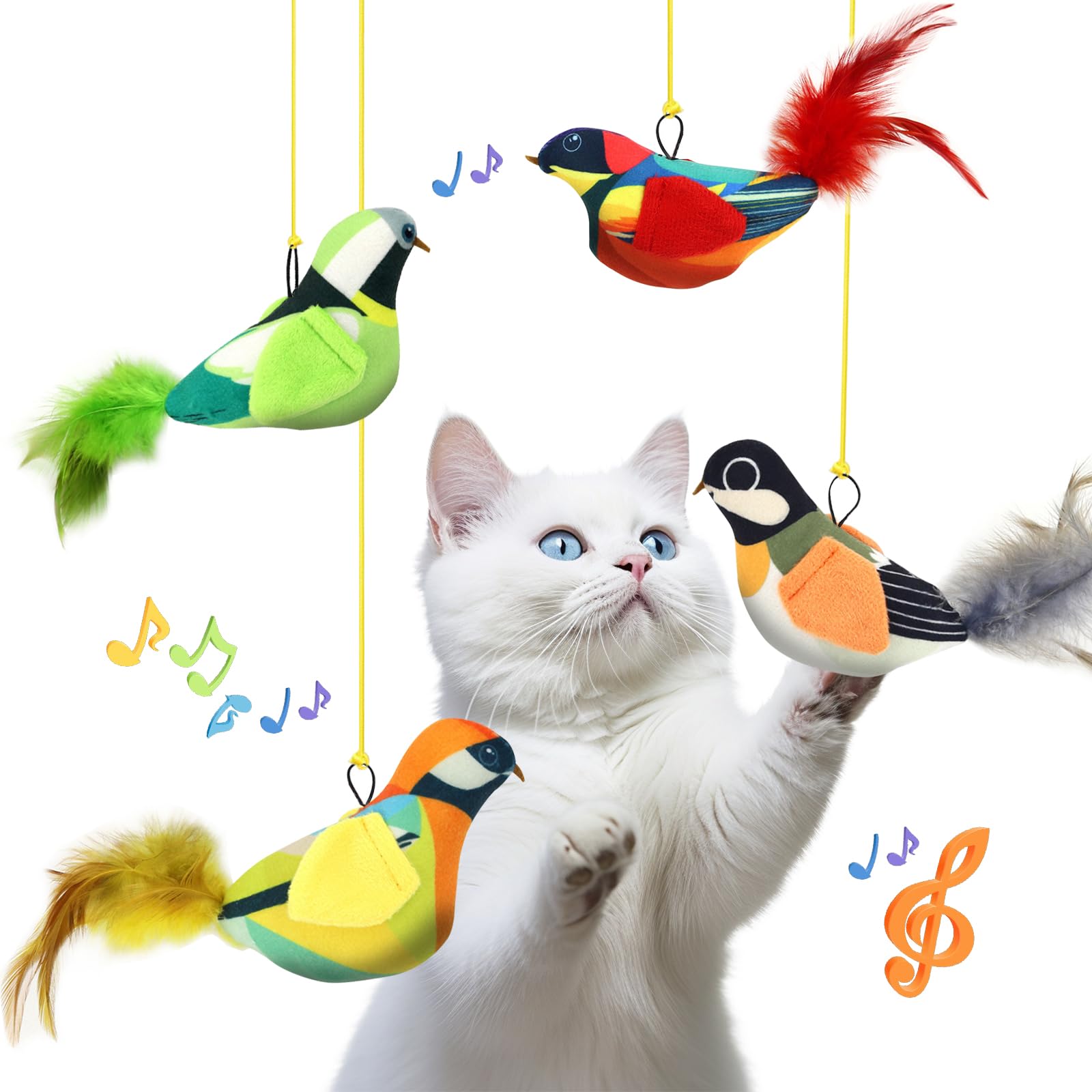 4PCS Interactive Hanging Bird Cat Toys Set - with Catnip, Realistic Chirping, Lifelike Birdie Tweets, Durable & Safe, Indoor Kitty Kitten Exercise Toys