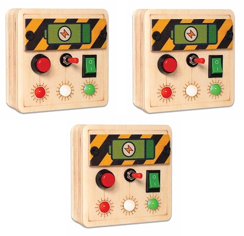 Clapstore Toys Montessori Mini Switch Busy Board with LED Lights, Personalized Sensory Panel for Toddlers 1-6 Years, Hand-Eye Coordination & Fine Motor Skills for Boys & Girls (Pack of 3),Beige