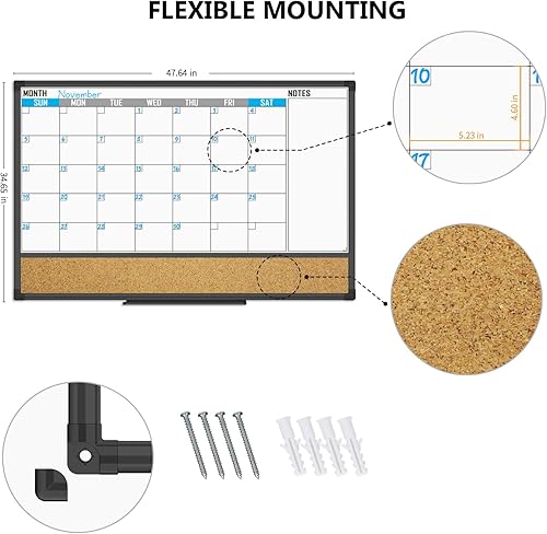 Miniatura 4 de XBoard Calendario de borrado en seco pizarra blanca de 48 x 36 pulgadas, calendario combinado de pizarra blanca mensual, pizarra blanca magnética +