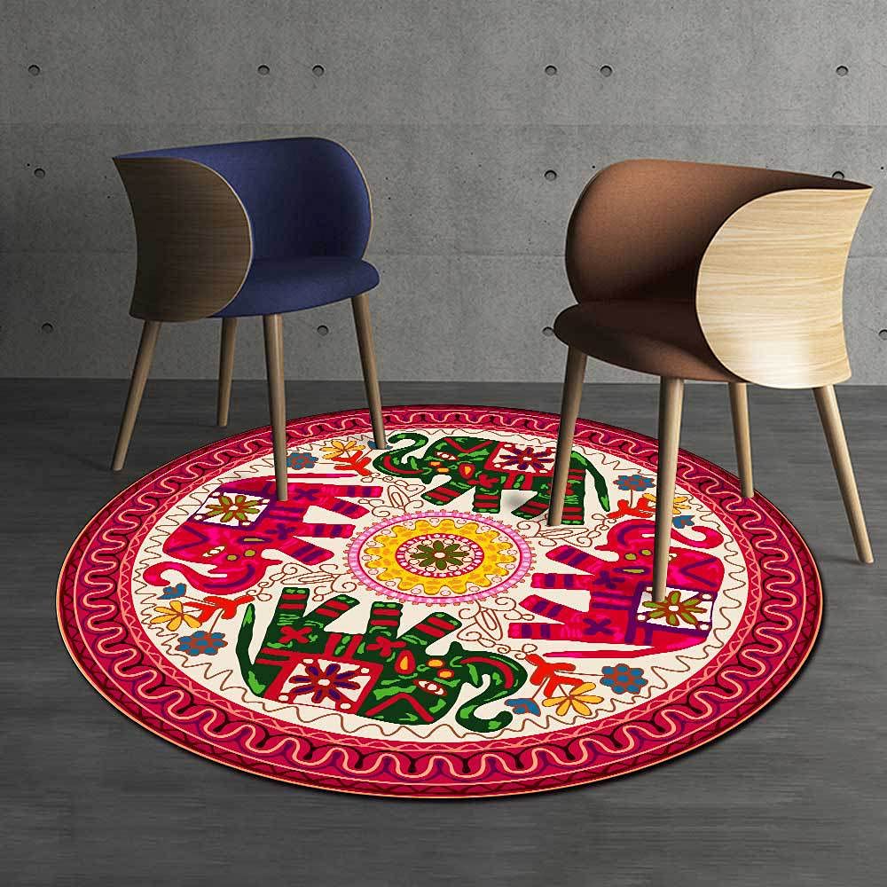 GUGJHFVH Round New Living Room Rugs ø 90 cm Dining Lounge Bedside Soft Easy Care Vintage Carpet Elephant Rose Red