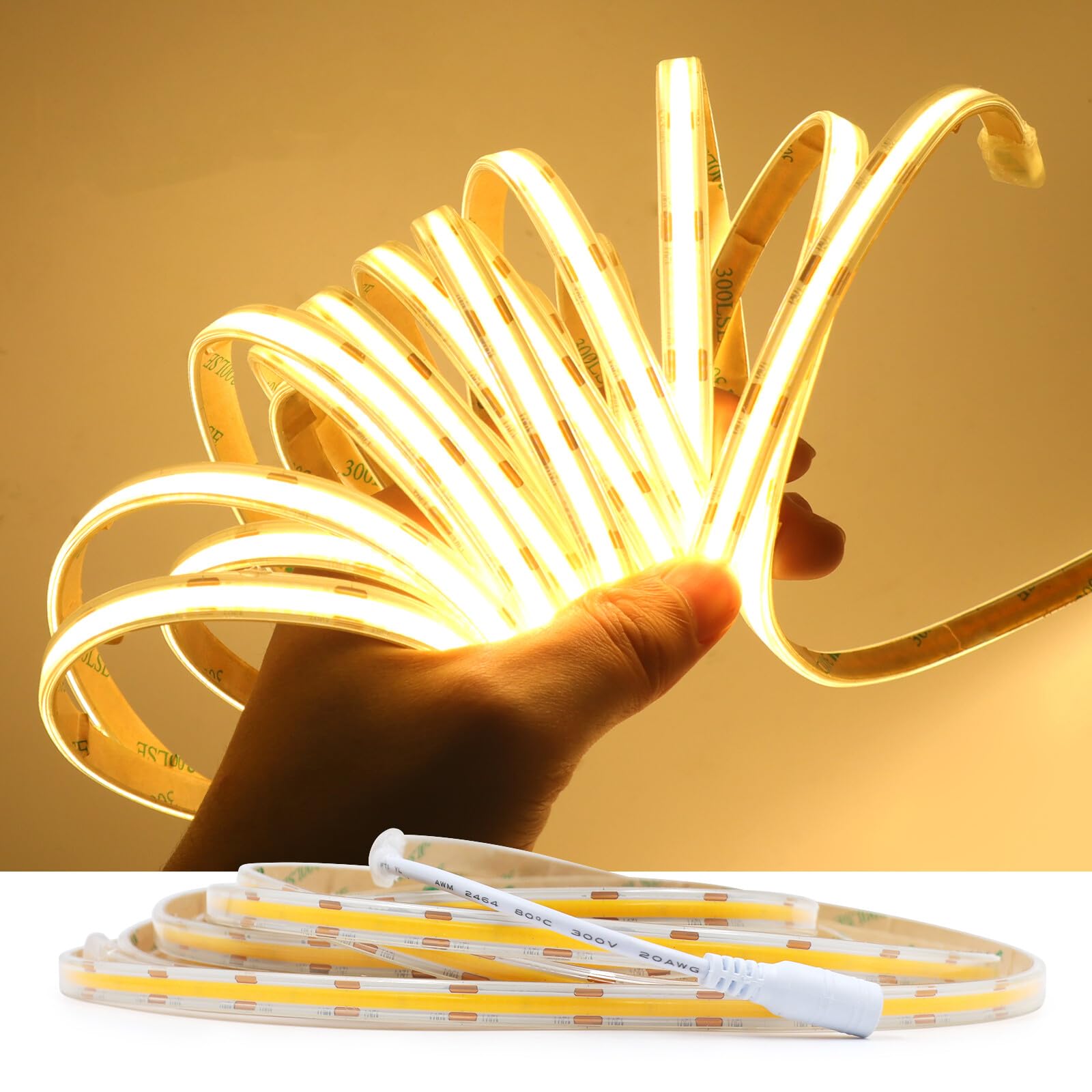 KAFULA 12V COB LED Strip Light [4M, Warm White 3000-3500K], IP65 Waterproof, 480 LEDs/m Flexible FCOB LED Fairy Lights CRI85+, Cuttable Every 2.5cm, Home Lighting (Power Supply Not Included)