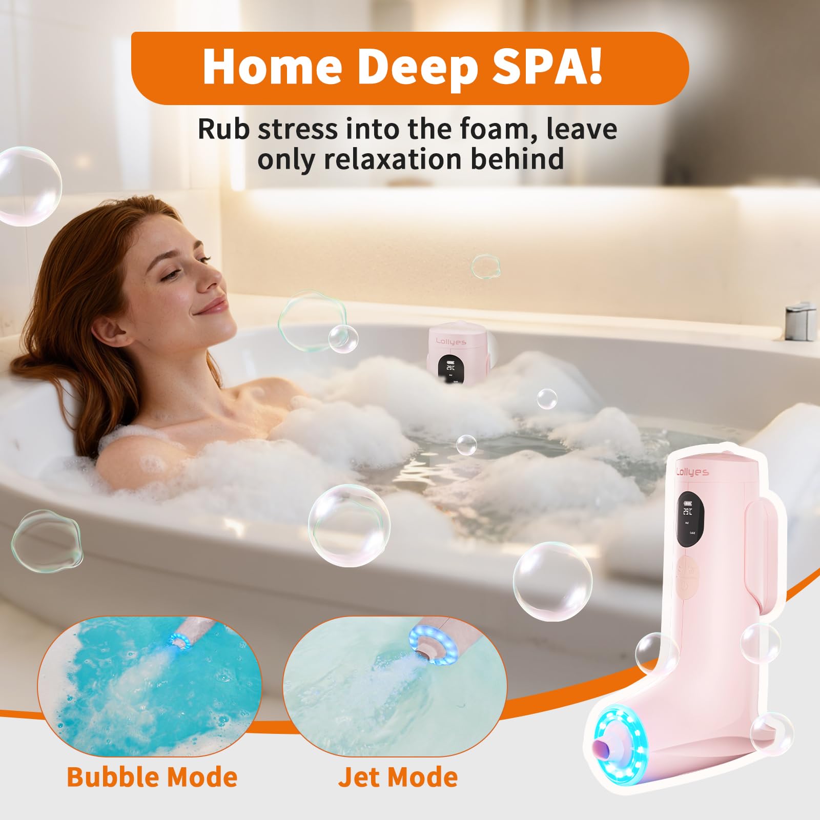 Spa Idromassaggio a Bolle per Vasca da Bagno con Doppie Modalità di Idroterapia, Flusso d’Acqua a 3 Livelli, Impermeabile IP68, Luce LED, Wireless Batteria da 2600mAh (Rosa)