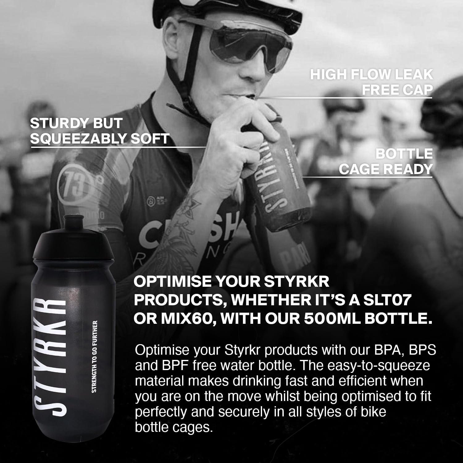 STYRKR 500ml Sports Water Bottle, Cycling Water Bottle in Clear Transparent Black, Squeezable, Wide Mouth & Easy Clean, Bike - Image 2