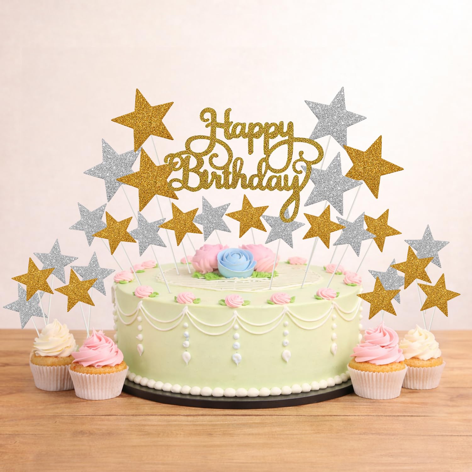 Party Propz Happy Birthday Cake Topper - Pack of 14Pcs | Golden Silver Glitter | Stars Cupcake Toppers for Kids Boy's Girls Adults | Birthday Decorations Items | Cake accessories, Cards, Tags-image-14