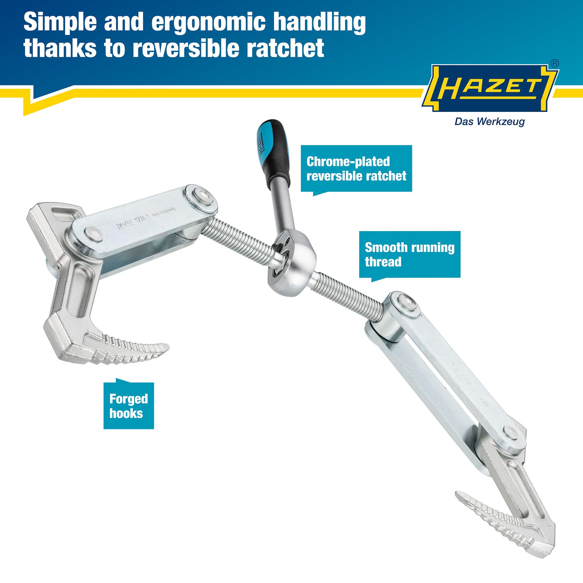 Extractor de vigas HAZET 1774-1 I carrera de sujeción: 115 mm, anchura total: 440 mm, longitud de la carraca: 275 mm, rosca trapezoidal TR 16 x 5 I para sujetar, tirar y comprimir madera