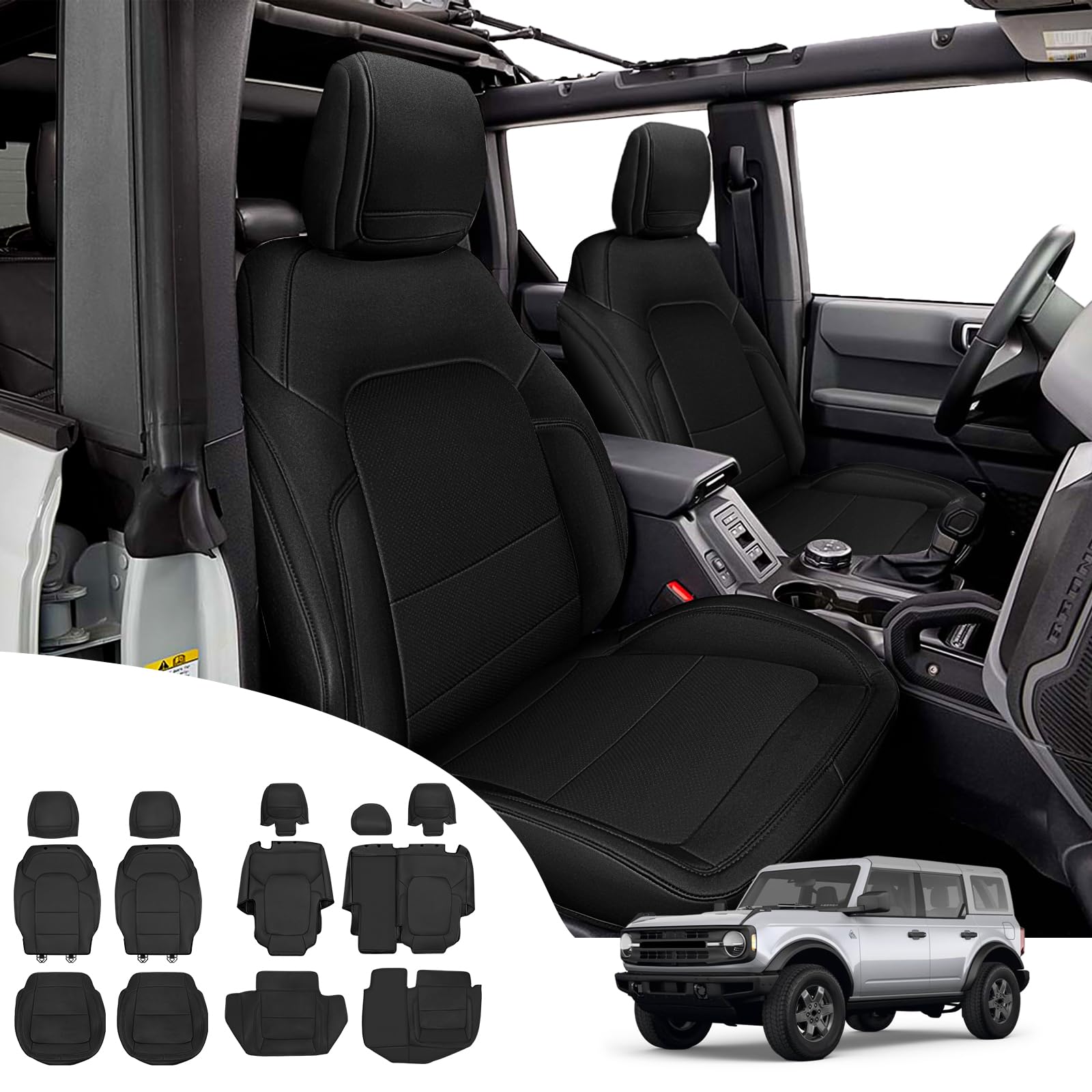 KMF Seat Cover Full Set Protector Custom for Ford Bronco 2021 2022 2023 4-Door, Black Waterproof Leather Car Seat Cushion Cover Protector Full Set 5-Seats Ford Bronco Accessories