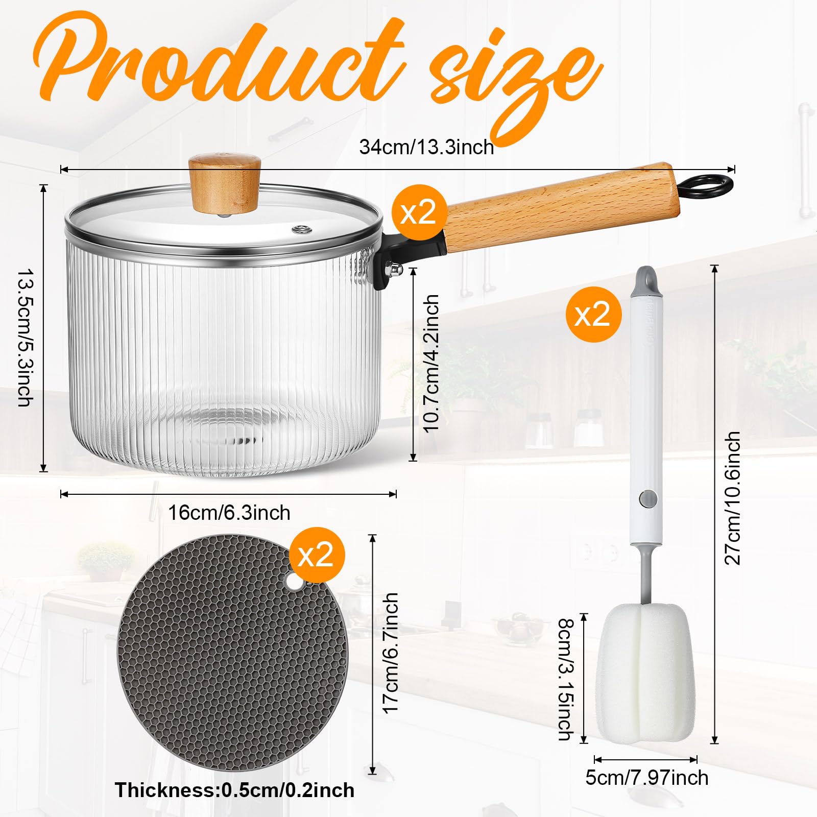 Uiifan 2 Sets Glass Pot for Cooking on Stove Kitchen Glass Cookware Clear Cooking Pot with Lid Handle and Pan Set 60oz Simmer Saucepan Resistant Safe for Pasta Noodle Soup Milk Baby Food(Ribbed)