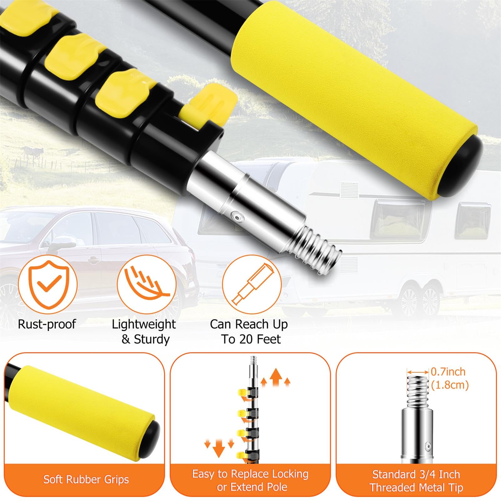 Cepillo de lavado de coche de 12 pies, cepillo de lavado de coche resistente con mango largo, poste de extensión multiusos de 3 a 12 pies con cepillo de cerdas ultra suaves de 10 pulgadas para