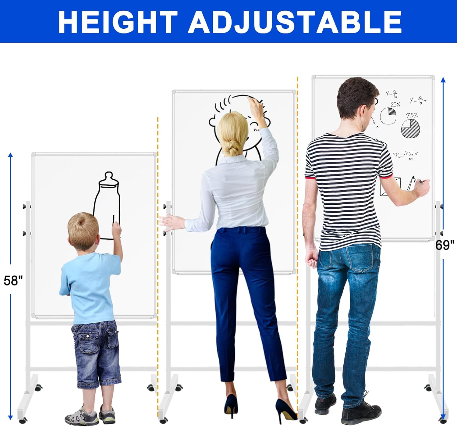 White Board Dry Erase Board with Stand 36" X 24", Mobile Whiteboard with Stands, Double-Sided & Height Adjustable Rolling Magnetic Whiteboard On Wheels, Portable Stand Up White Board