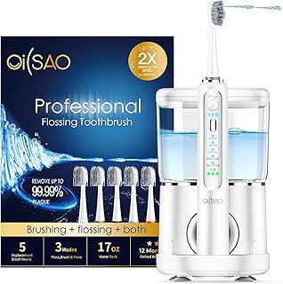 Electric Toothbrush with Water Flosser,Professional Flossing Toothbrush Oral Irrigator Toothbrush Combo 2-in-1 Brushing & Flossing for Teeth Cleaning,White
