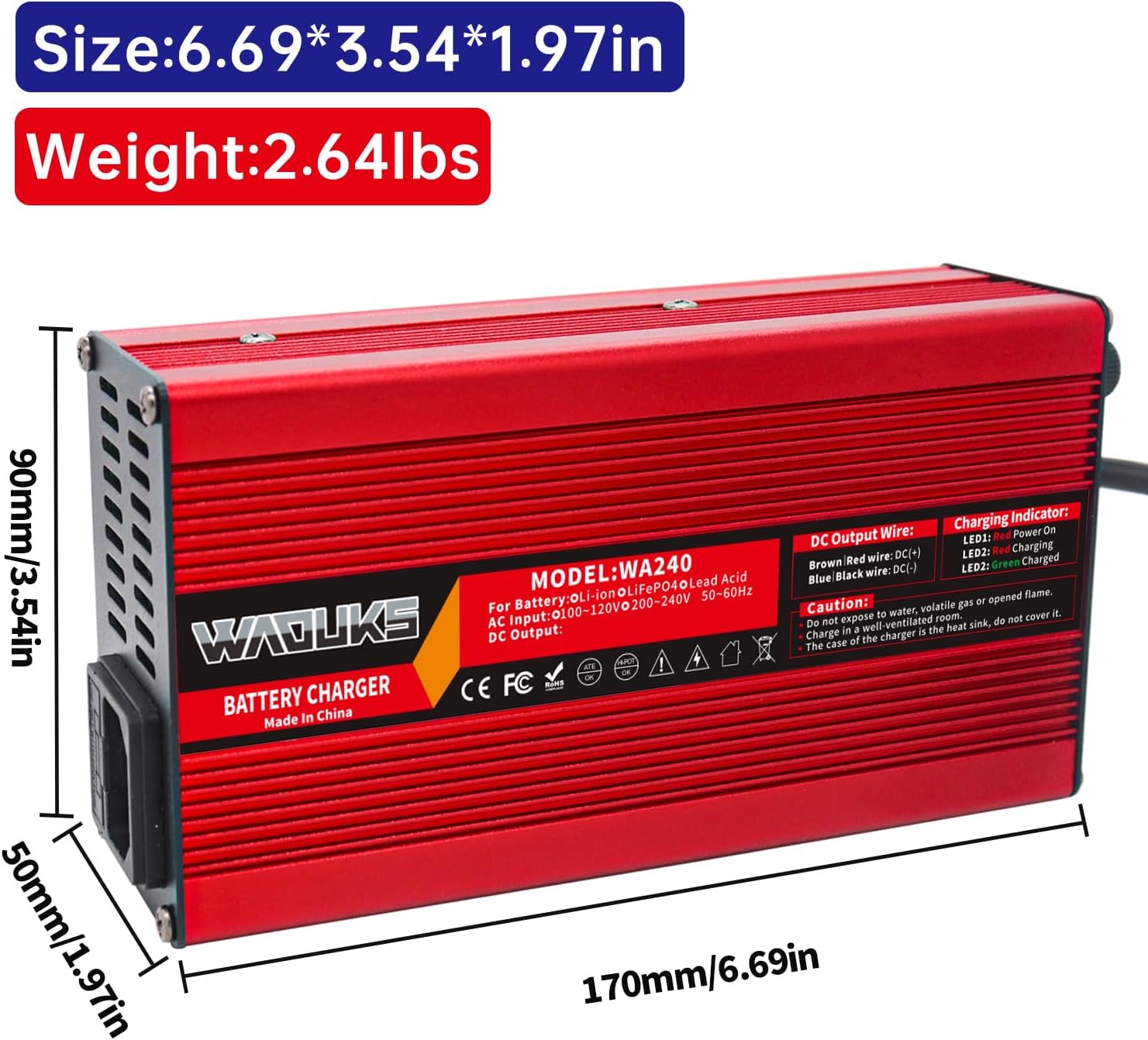 84V 3A Li-ion Battery Charger with Cooling Fan Red Aluminum Case Used for 20S 72V 74V Lithium Battery Pack and Smart Charger DC Output 3pin C13 Ping Connector